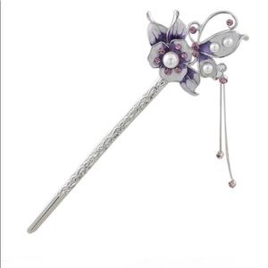 Enamel Painted💜Pearl Rhinestone HairStick 6"